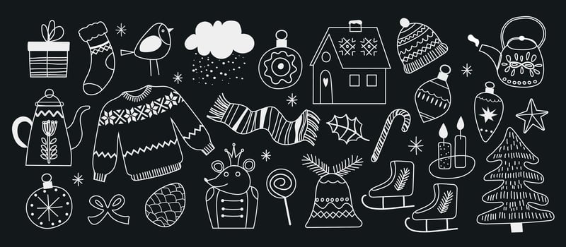 Merry christmas and happy new year cute doodle element background. Hand drawn design with christmas bauble ball, hat, sock, skates, Christmas tree decorations. Illustration for banner, wallpaper, deco vector