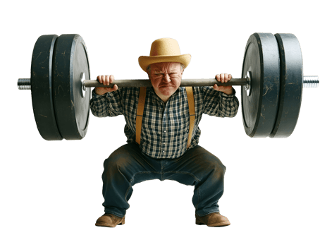 comedic strongman with oversized barbell on isolated background featuring a humorous expression and rural attire png