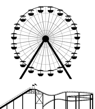 Ferris wheel and roller coaster silhouette vector