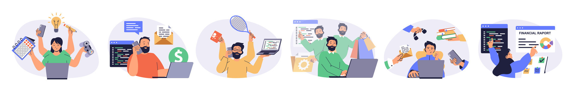 Multitasking concept set with characters in flat design for web. People brainstorming, planning, calling, talking, playing, earning money, doing tasks in same time in office. illustrations. vector
