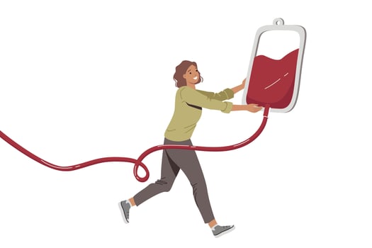 Woman blood donor carries iv for transfusion to save person injured in car accident vector