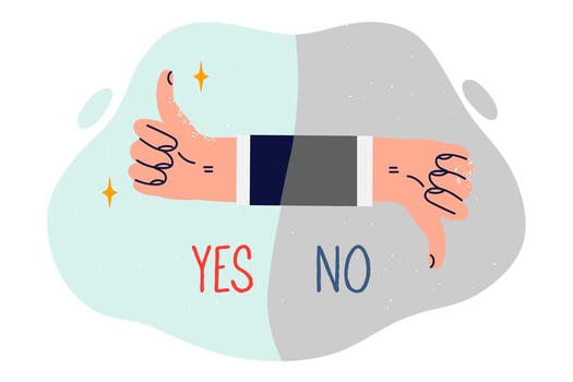 Person hand shows thumbs up and thumbs down for nonverbal approval or protest against proposal made vector