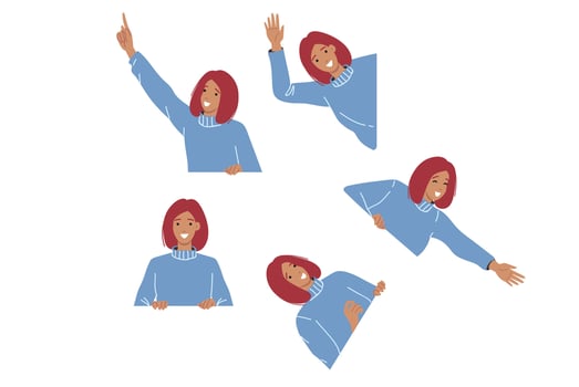 Woman with white banner or space for your advertisement waves hand in greeting or points finger vector