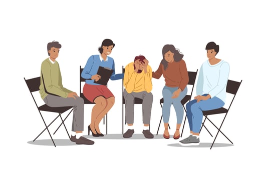 Group psychotherapy in alcoholics anonymous club, with team of people comforting upset man vector