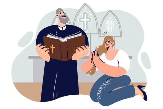 Woman prays on knees in church, next to priest reading bible and hearing sinner in confession vector