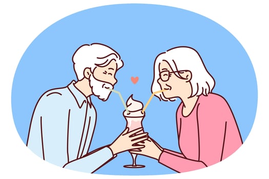 Elderly romantic couple drinking cocktail from straws together enjoying retirement and dating vector