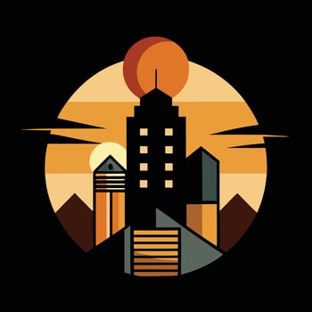 A city skyline with buildings and a sun in the background vector
