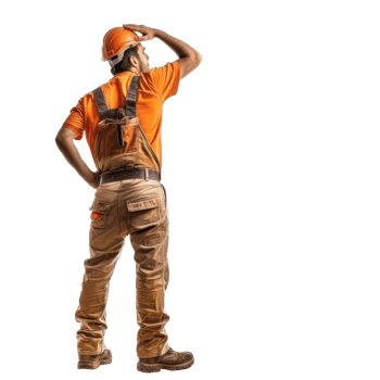Back view of construction worker looking at something up, standing isolate on transparency background png