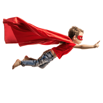 Little boy flying with superhero red cape and mask isolate on transparency background png