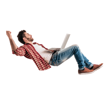 full body young man laying in the air floating while using laptop isolate on transparency background png