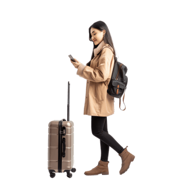 Beautiful young woman looking at mobile phone while holding travel suitcase walking side view full length isolate on transparency background png