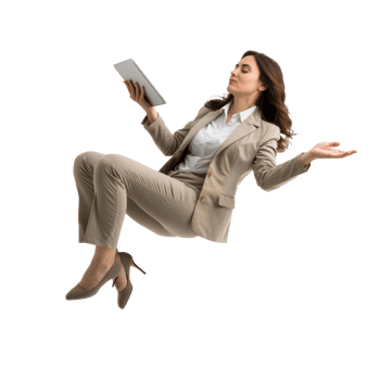 full body business woman laying in the air floating while using tablet isolate on transparency background png
