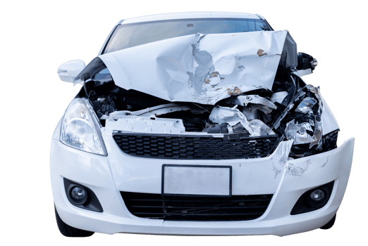 Full body front view of white car get damaged by accident on the road. damaged cars after collision. Isolated on transparent background, car crash broken,insurance accident and destroy png