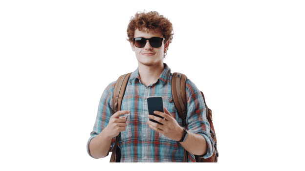 A man with sunglasses and a backpack holding a cell phone png