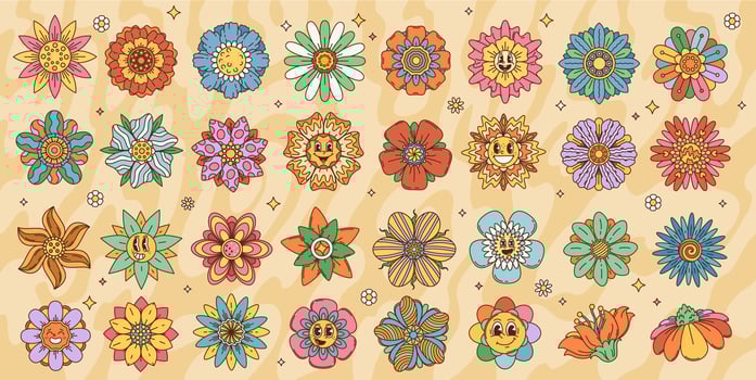 Cartoon retro groovy flowers with cute faces vector