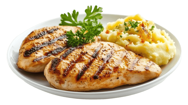 Grilled chicken breast with mashed potatoes and parsley png
