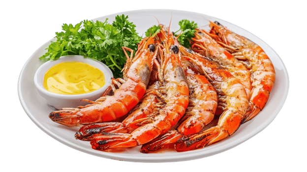 Grilled shrimp with mustard sauce on a plate png
