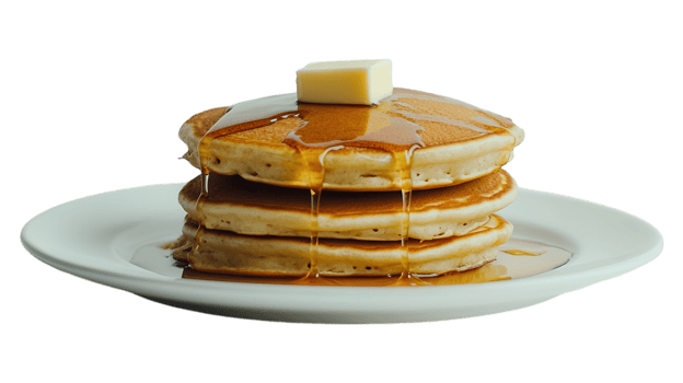 Pancakes with syrup and butter on a white plate png