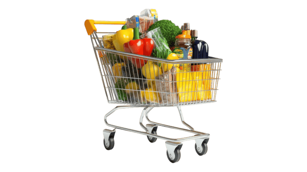 A shopping cart full of groceries on a black background png