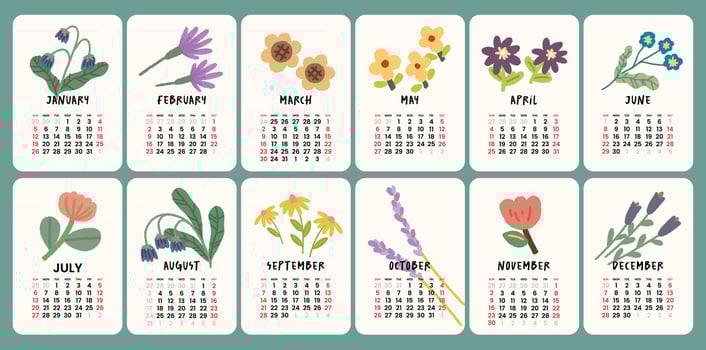 Colorful flower floral illustration for a 2025 New Year monthly calendar vector