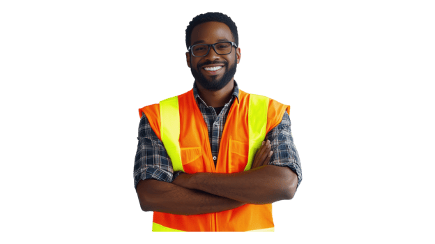 A smiling black man wearing an orange vest png