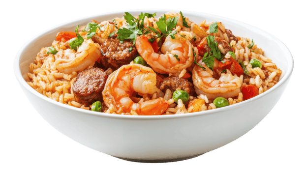 A bowl of rice and shrimp with vegetables png