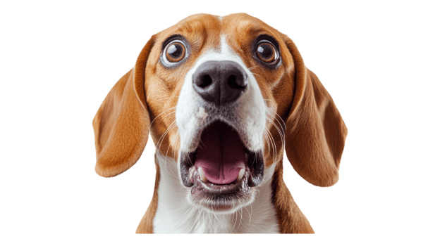 A surprised beagle with wide eyes and an open mouth shows an expressive reaction, captured indoors with a plain background. png
