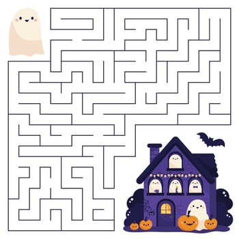 Halloween maze game for kids. Help the ghost find right way to haunted house. Cute kawaii characters. Activity sheet. Labyrinth puzzle. vector