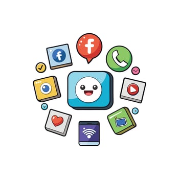 A cartoon character is surrounded by various social media icons vector