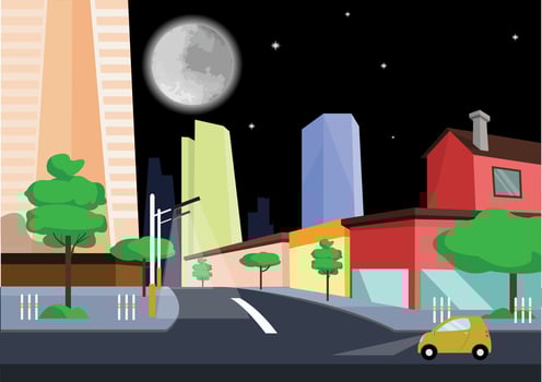 urban atmosphere at night with moonlight, complete with street lights and cars on the road vector