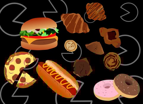 hamburger, cookies, pizza, donuts, hot dogs, with black background and funny doodles vector