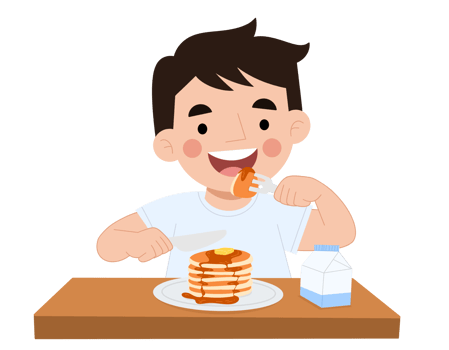 Illustration of a happy boy eating pancakes png