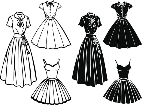 Vintage 1950s dresses, black and white illustration, fashion sketch, retro women's clothing. vector