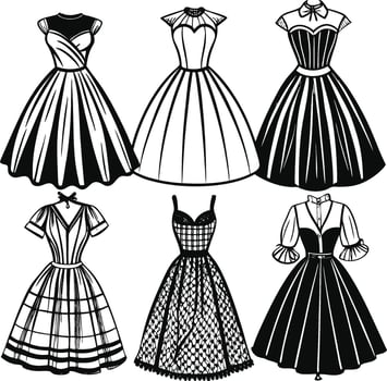 Vintage 1950s dresses, retro fashion illustration, black and white silhouettes. vector
