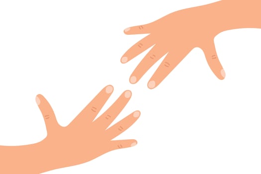 Two cartoon human hands reaching to each other. Helping hand symbol vector