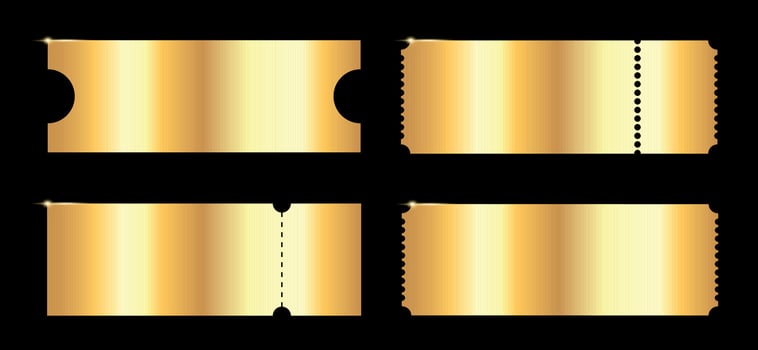 Blank golden ticket, pass or coupon templates set on dark background. For festival, cinema, theater, party, casino, circus, event invitation vector