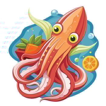 An octopus with a fish and a slice of lemon vector