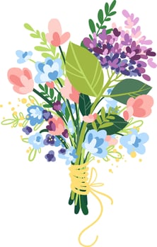 Lush Bouquet of Wild Flowers tied with Ribbon. Beautiful composition of Blue, Pink, Purple, Yellow Fresh Flowers for Gift on Womens Day March 8, birthday and Mothers day vector