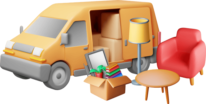 3D delivery van with open door and home stuff png