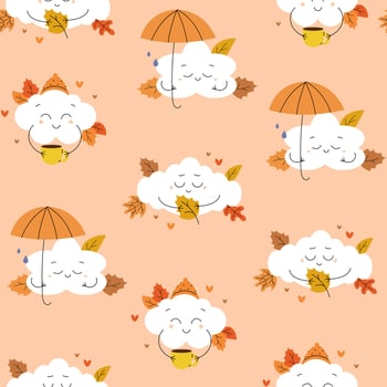 Seamless pattern with autumn cute clouds characters with coffee, hat, umbrella, leaves. Flat illustration vector