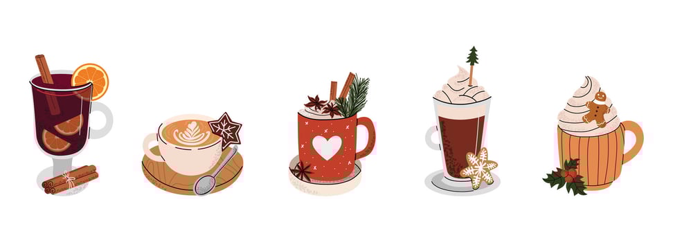Collection of Christmas hot drinks. Coffee, lattes, cappuccinos, mulled wine decorated with Christmas details. Cute winter cups. Flat illustration on white isolated background. vector
