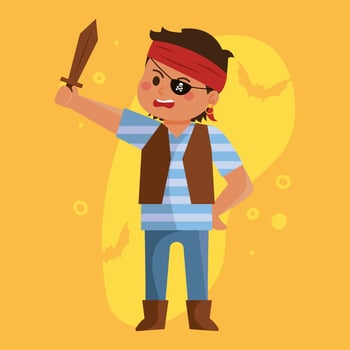 Pirate boy with sword and eyepatch for Halloween, vector