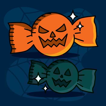 Halloween candies with pumpkin face for spooky decoration, vector