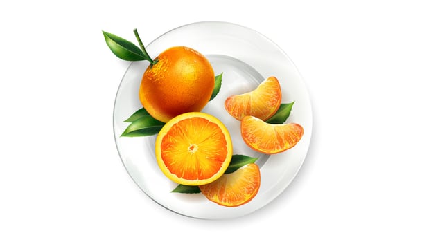 Orange tangerines with leaves on a white plate vector