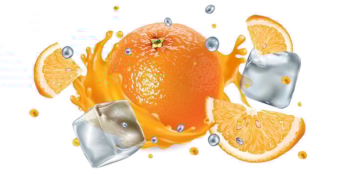 Fresh orange in a splash of juice with ice cubes and flying droplets vector