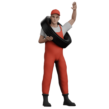 Professional Mechanic in 3D. A male mechanic holds a car tire slung around his body with his left hand and raises his right hand as if greeting. Male png