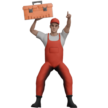 Automotive Male Mechanic .A male mechanic lifts a tool box with his left hand and his right hand points forward. 3D Professional Character png
