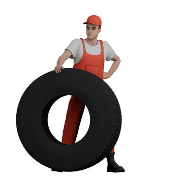 Male Mechanic Illustrated 3D. A male mechanic stands behind a large car tire with his left hand on the tire and his right hand on his waist. Professional Automotive png