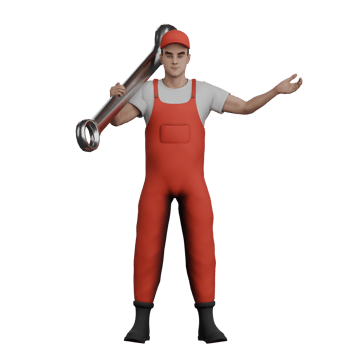Professional 3D Male Mechanic. A male mechanic holds a large wrench over his shoulder. Automotive Character png