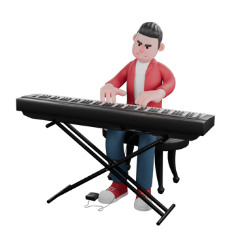 3D Cartoon Singer Character. A male singer is sitting on a chair while his fingers are playing an electronic piano. Vocal Artist Model png